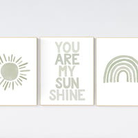 Nursery prints rainbow, gender neutral, sage green nursery wall decor, rainbow, sun, you are my sunshine, nursery decor neutral, green