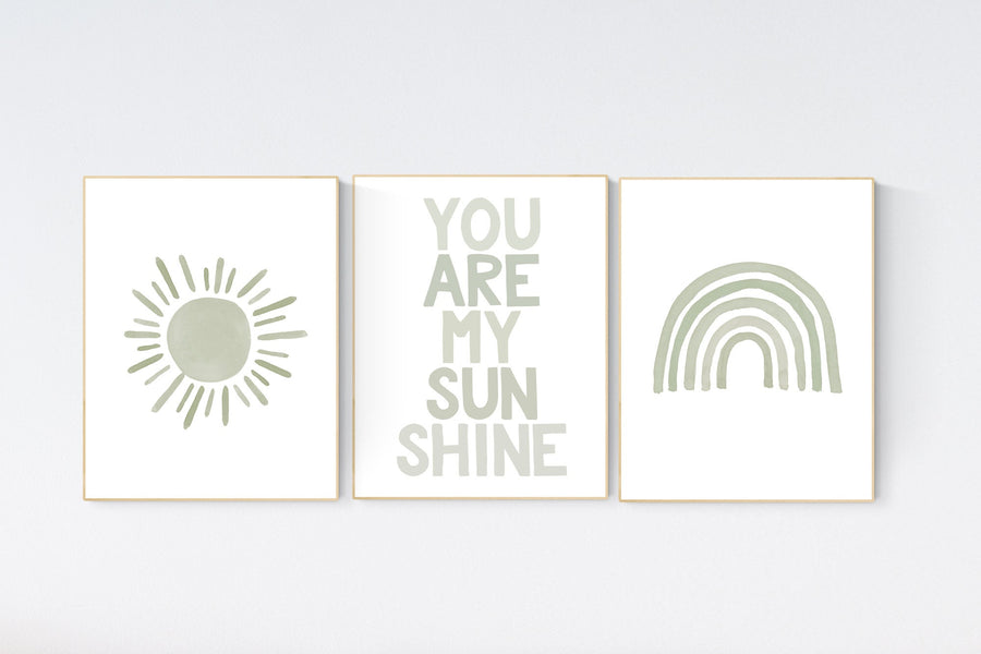 Nursery prints rainbow, gender neutral, sage green nursery wall decor, rainbow, sun, you are my sunshine, nursery decor neutral, green