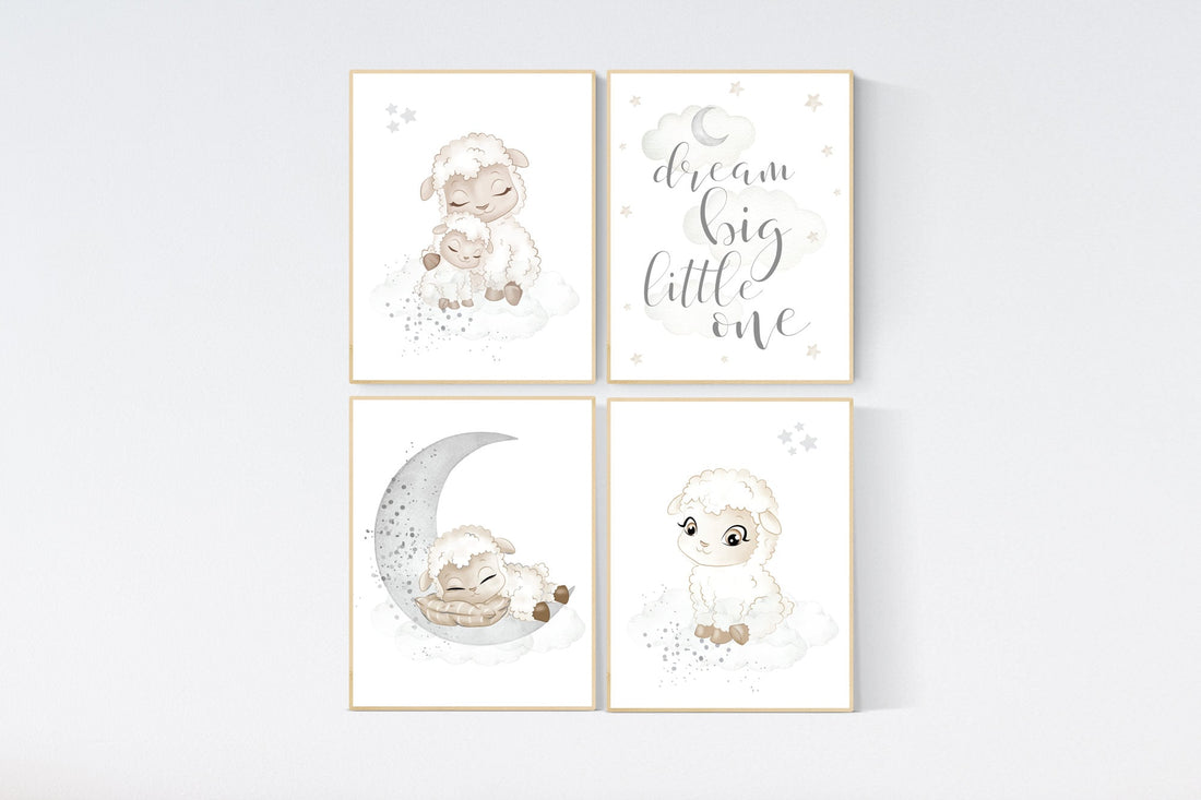 Sheep nursery decor, Gray nursery decor, nursery decor lambs, nursery wall art sheep, moon and cloud wall art nursery gender neutral nursery