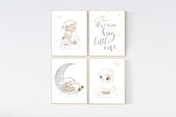 Sheep nursery decor, Gray nursery decor, nursery decor lambs, nursery wall art sheep, moon and cloud wall art nursery gender neutral nursery