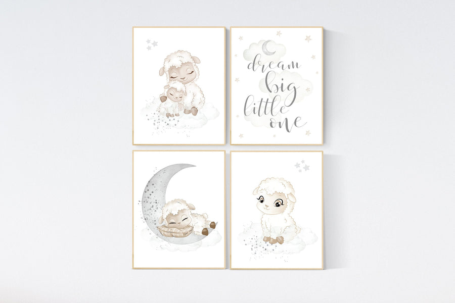 Sheep nursery decor, Gray nursery decor, nursery decor lambs, nursery wall art sheep, moon and cloud wall art nursery gender neutral nursery