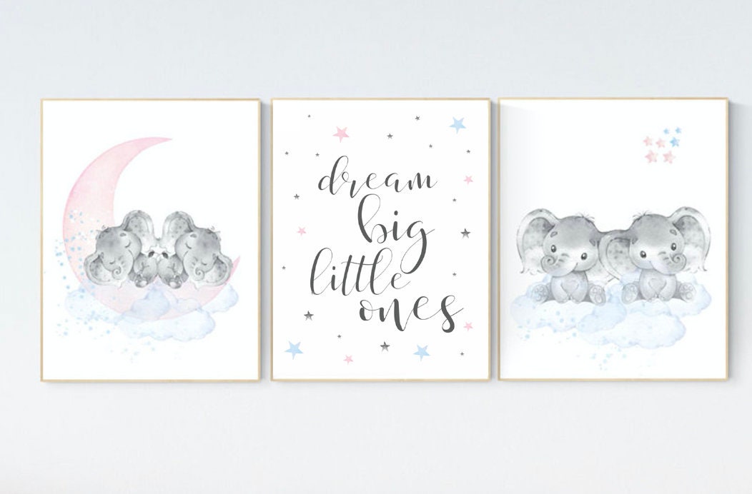 Nursery decor twins, Twin nursery, elephant nursery, moon and stars, dream big little ones, twins room decor, blue pink, boy, girl