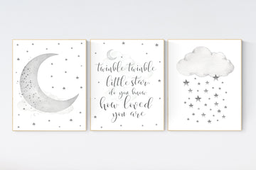 Twinkle twinkle little star, cloud nursery decor, Nursery decor neutral, moon and stars nursery, gray nursery, gender neutral, grey nursery