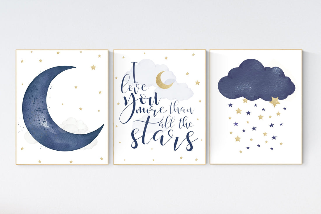 Navy nursery decor, cloud and stars, moon and stars, navy gold nursery art. baby room wall art, boy nursery decor, set of 3, nursery art