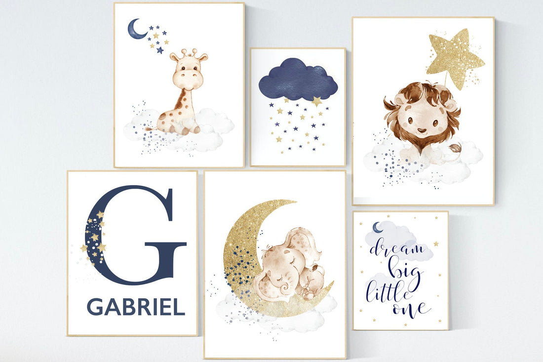 Nursery decor boy elephant, lion, giraffe, nursery wall art boy, navy Blue gold, moon and stars, boy nursery decor, animal nursery print set