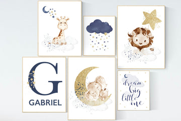Nursery decor boy elephant, lion, giraffe, nursery wall art boy, navy Blue gold, moon and stars, boy nursery decor, animal nursery print set