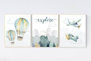 Nursery decor boy mountain, adventure nursery, travel theme nursery, woodland, gender neutral, explore, hot air balloon, plane, neutral