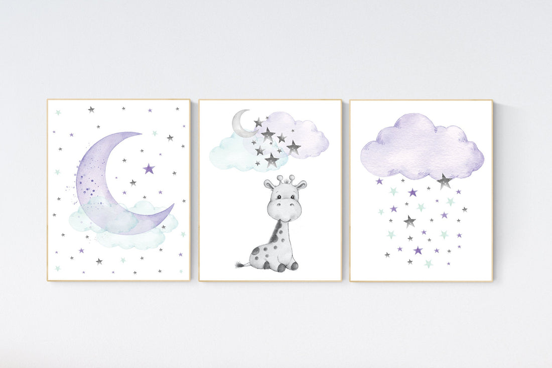 Nursery decor giraffe, Nursery decor girl purple, moon and stars, purple mint, lavender, girl nursery decor giraffe, cloud and stars