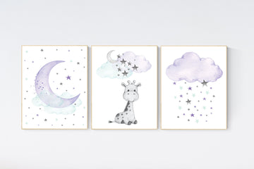 Nursery decor giraffe, Nursery decor girl purple, moon and stars, purple mint, lavender, girl nursery decor giraffe, cloud and stars