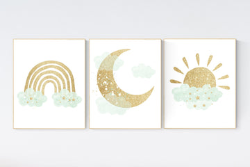 Mint and gold nursery, rainbow nursery, moon and stars nursery, gender neutral nursery, nursery wall decor, rainbow, sun, mint gold