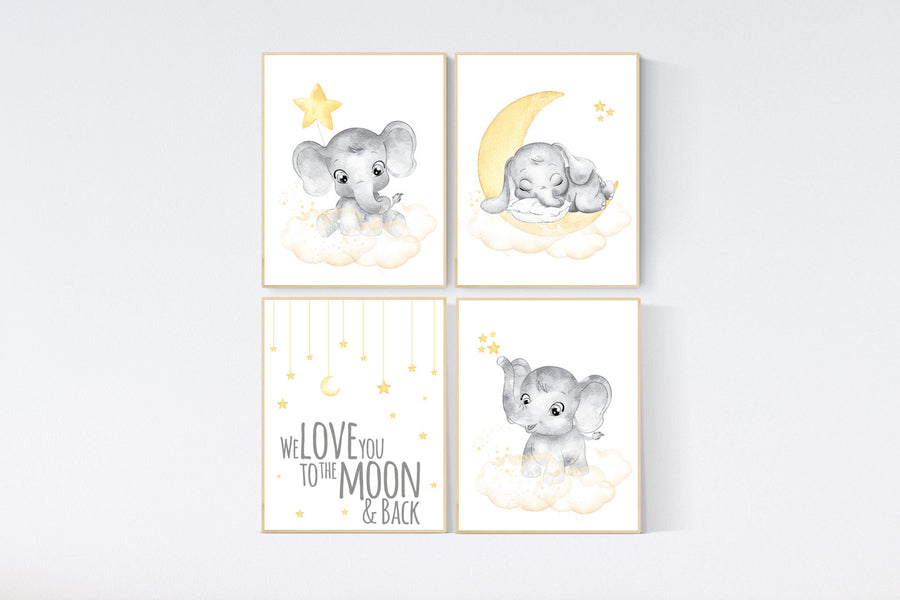 Nursery wall art neutral, nursery wall art elephant, moon and stars, gender neutral, baby room decor, elephant balloon, yellow grey, elegant