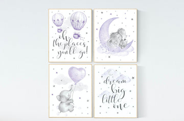 Baby room decor elephant, purple nursery wall art, nursery decor lavender, lilac, dream big little one, cloud and stars, baby room decor
