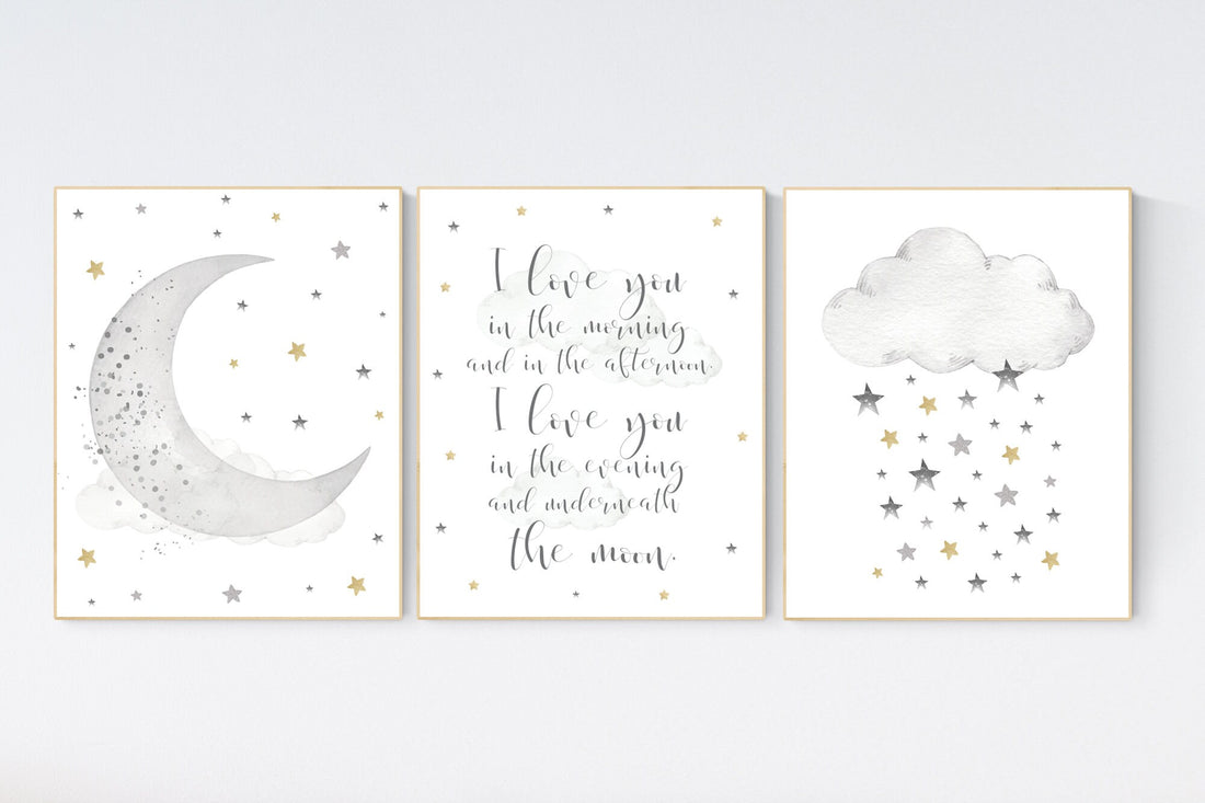 Nursery wall art grey, gray gold nursery, nursery decor neutral, baby room decor gender neutral, moon and stars, grey gold, baby room art