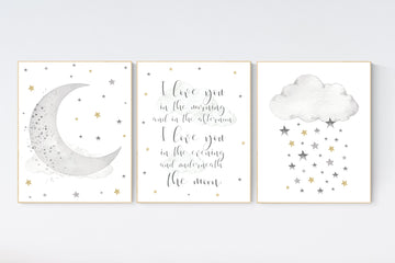 Nursery wall art grey, gray gold nursery, nursery decor neutral, baby room decor gender neutral, moon and stars, grey gold, baby room art
