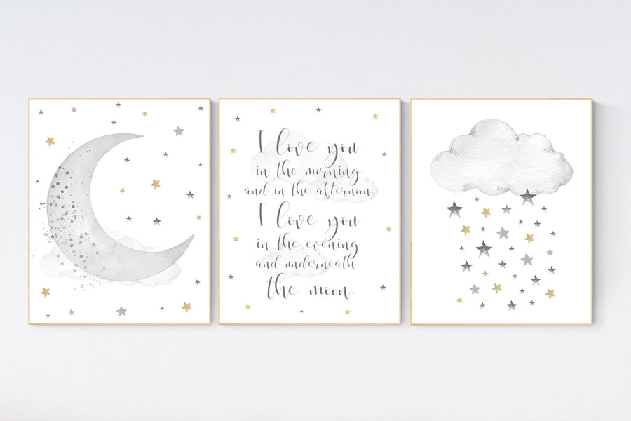 Nursery wall art grey, gray gold nursery, nursery decor neutral, baby room decor gender neutral, moon and stars, grey gold, baby room art