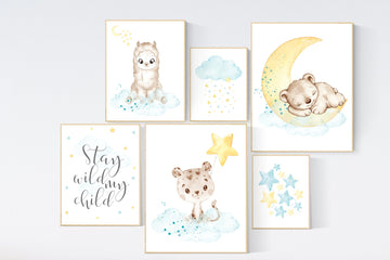 Nursery decor yellow teal, animal prints, llama, jaguar, bear nursery, gender neutral, animals , nursery wall art