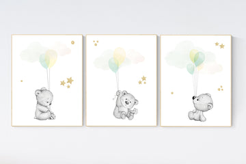 Mint yellow grey nursery, bear nursery, Nursery decor animals, neutral nursery, mint yellow gold nursery, gender neutral, mint green