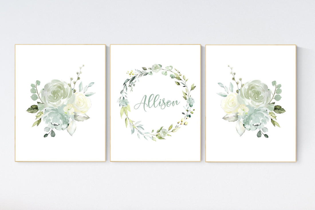 Nursery decor girl flowers, green flowers, herbal, green, mint green, sage green, Nursery decor girl name, girl nursery wall decor