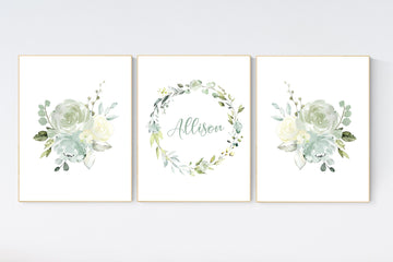 Nursery decor girl flowers, green flowers, herbal, green, mint green, sage green, Nursery decor girl name, girl nursery wall decor