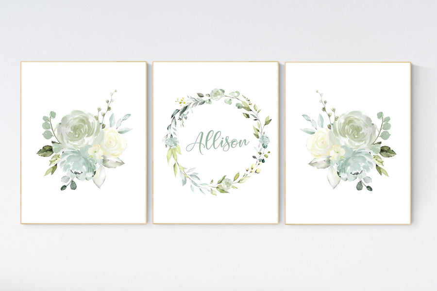 Nursery decor girl flowers, green flowers, herbal, green, mint green, sage green, Nursery decor girl name, girl nursery wall decor