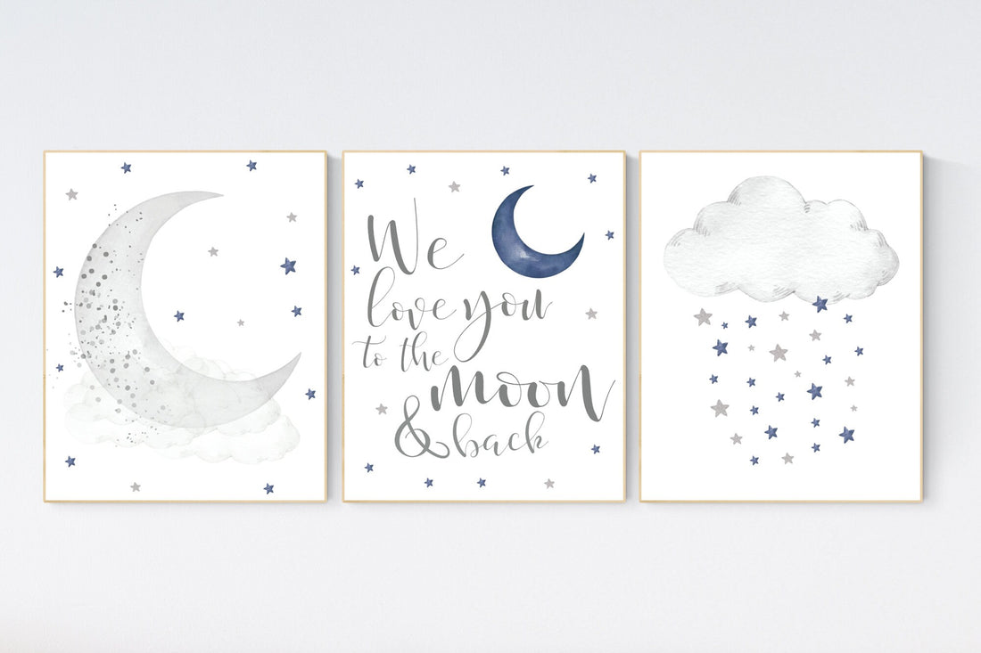 Nursery decor boy navy blue, Nursery wall art boy, navy nursery decor, moon and stars, we love you to the moon and back, nursery prints boy
