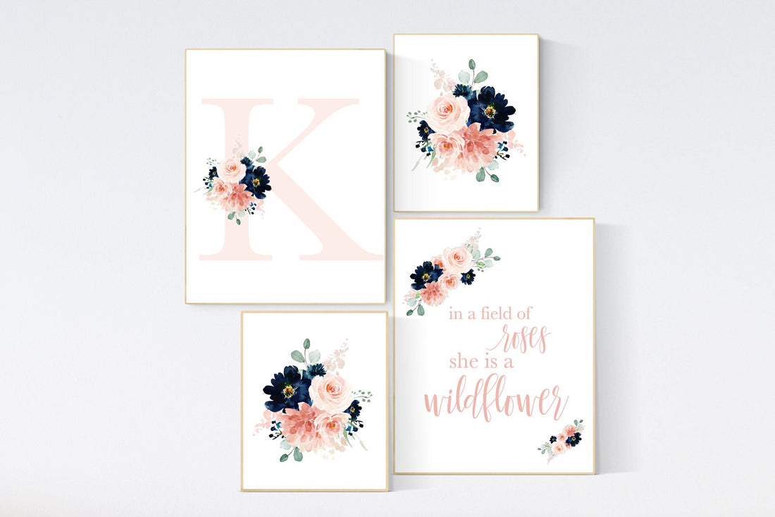 Blush navy flowers, nursery decor girl flower, nursery decor girl floral, blush navy flowers, navy and blush pink, Monogram, girl nursery