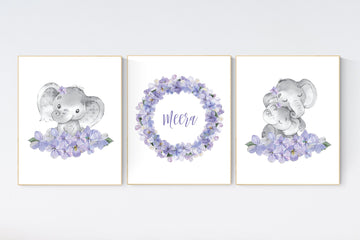 Purple teal nursery, Boho baby room, nursery wall art elephant, nursery decor girl, nursery decor girl floral, lilac nursery decor, lavender