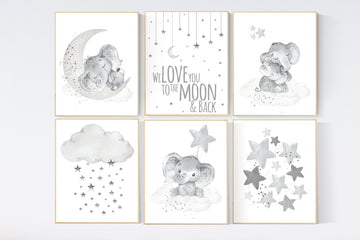 Nursery wall art gray, grey nursery, gender neutral, cloud and stars, we love you to the moon and back, elephant nursery set, neutral colors