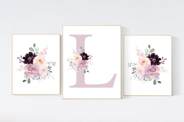 Nursery decor girl purple, mauve, Burgundy, floral nursery, flower nursery, butterfly, nursery prints girl, nursery wall decor girl, name