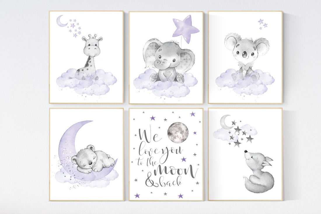 Nursery decor girl animals, purple nursery, lilac, elephant, bear, giraffe, animal nursery, lilac nursery, animal nursery prints