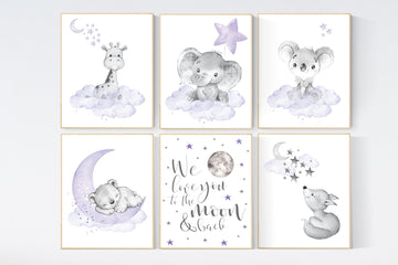 Nursery decor girl animals, purple nursery, lilac, elephant, bear, giraffe, animal nursery, lilac nursery, animal nursery prints