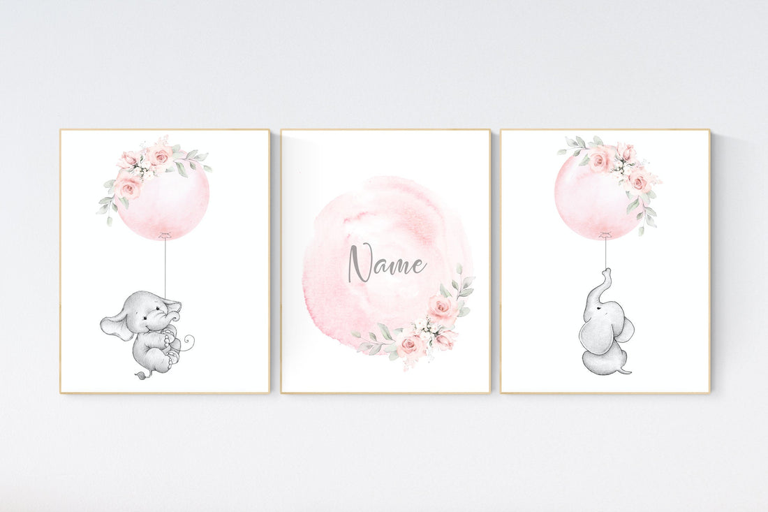 Elephant nursery, Nursery decor girl flower, blush nursery, blush pink, floral nursery, girl nursery name, nursery decor ideas, animal