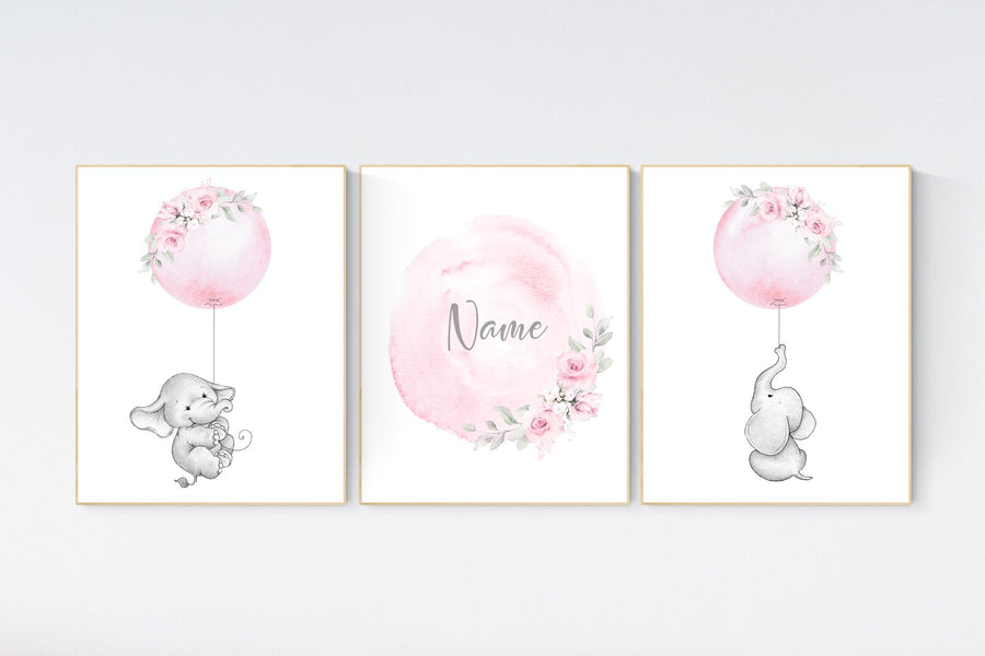 Nursery prints girl, elephant nursery, pink nursery, floral nursery, girl nursery decor flower, name, balloon nursery, baby girl room decor