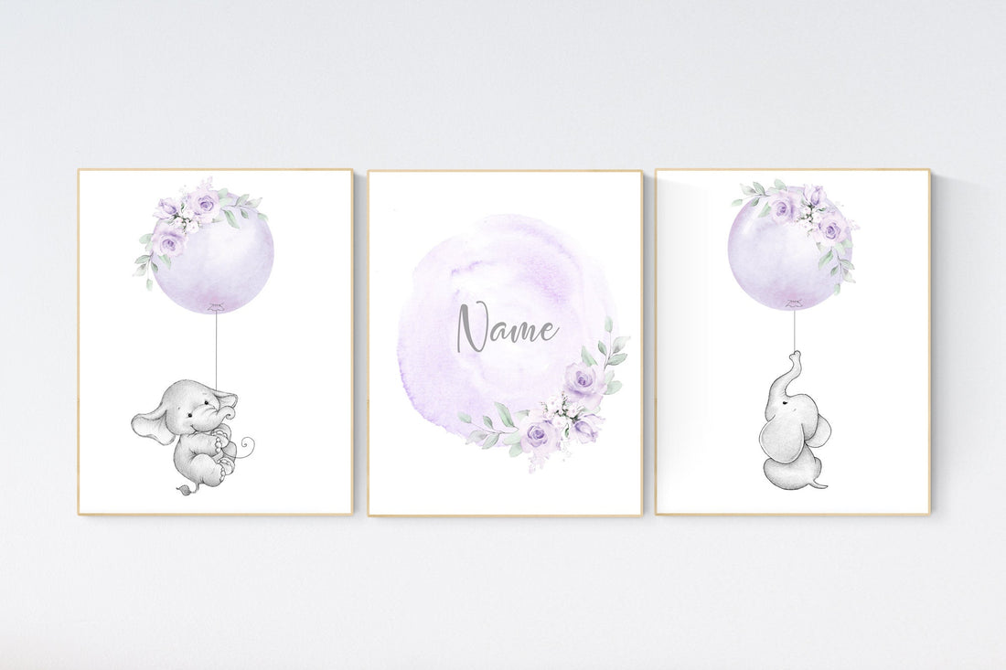 Girl nursery decor lavender, elephant nursery, name nursery girl, purple nursery decor, girl nursery decor flower, floral nursery