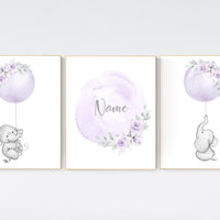 Girl nursery decor lavender, elephant nursery, name nursery girl, purple nursery decor, girl nursery decor flower, floral nursery