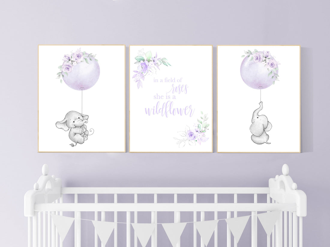 Purple flower nursery decor, Nursery decor girl purple, in a field of wildflowers, lavender, lilac, elephant, girls room, balloon nursery