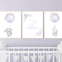 Purple flower nursery decor, Nursery decor girl purple, in a field of wildflowers, lavender, lilac, elephant, girls room, balloon nursery