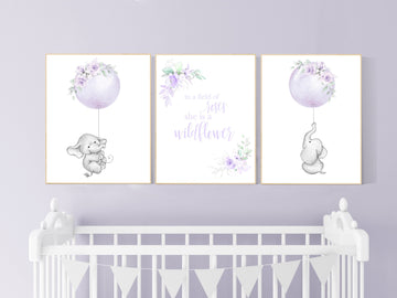 Purple flower nursery decor, Nursery decor girl purple, in a field of wildflowers, lavender, lilac, elephant, girls room, balloon nursery