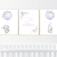 Purple flower nursery decor, Nursery decor girl purple, in a field of wildflowers, lavender, lilac, elephant, girls room, balloon nursery