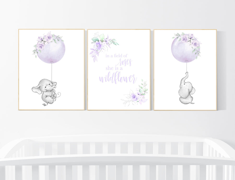 Purple flower nursery decor, Nursery decor girl purple, in a field of wildflowers, lavender, lilac, elephant, girls room, balloon nursery