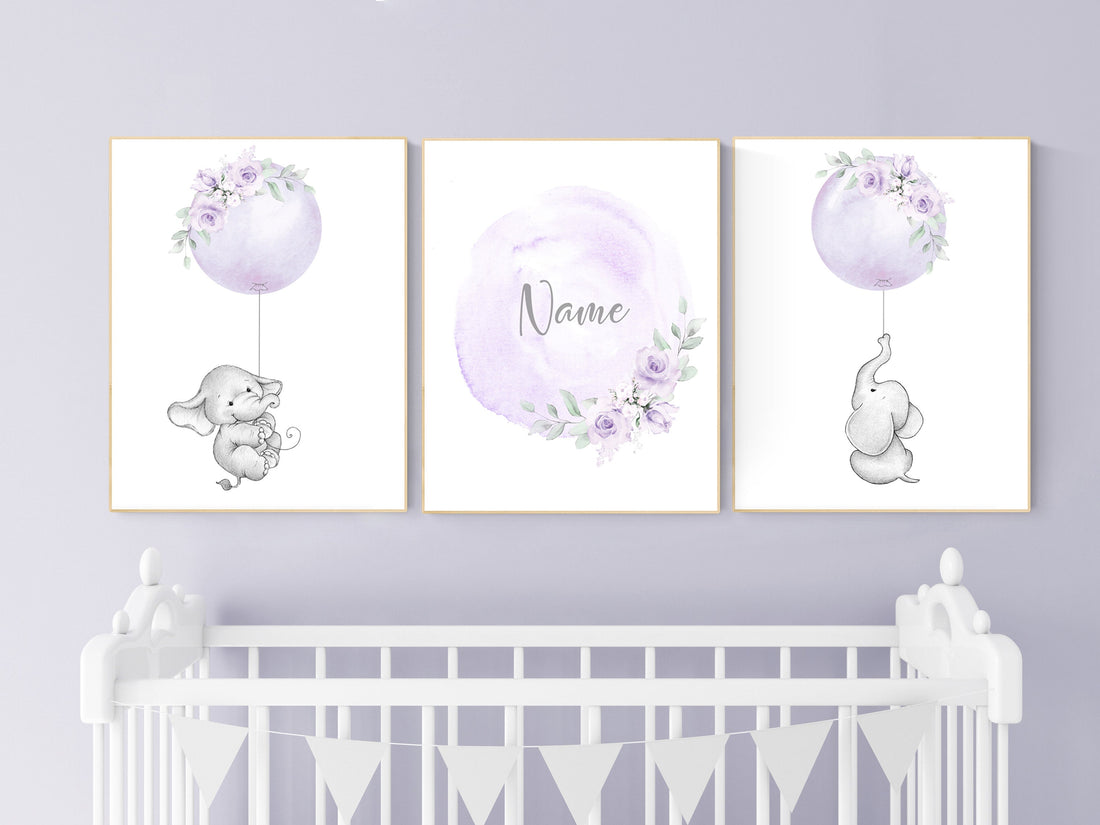 Girl nursery decor lavender, elephant nursery, name nursery girl, purple nursery decor, girl nursery decor flower, floral nursery