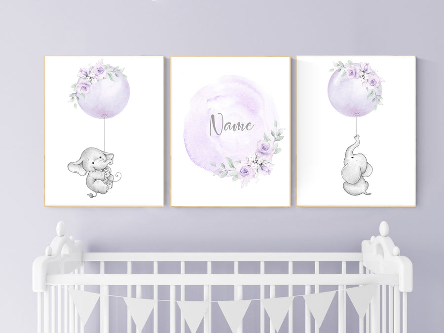 Girl nursery decor lavender, elephant nursery, name nursery girl, purple nursery decor, girl nursery decor flower, floral nursery