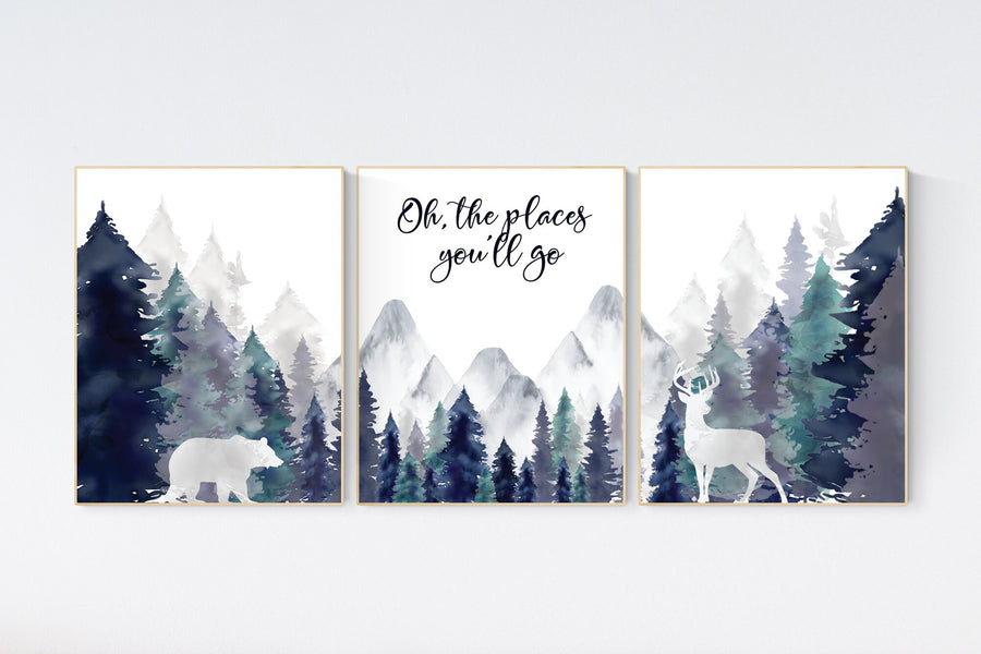 Woodland nursery decor, mountain wall art, tree nursery decor, adventure theme nursery, forest, navy and teal, woodland animals, woodland