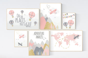 Adventure nursery wall art set, nursery decor girl, travel theme nursery, pink and gold, adventure awaits, world map, baby nursery decor