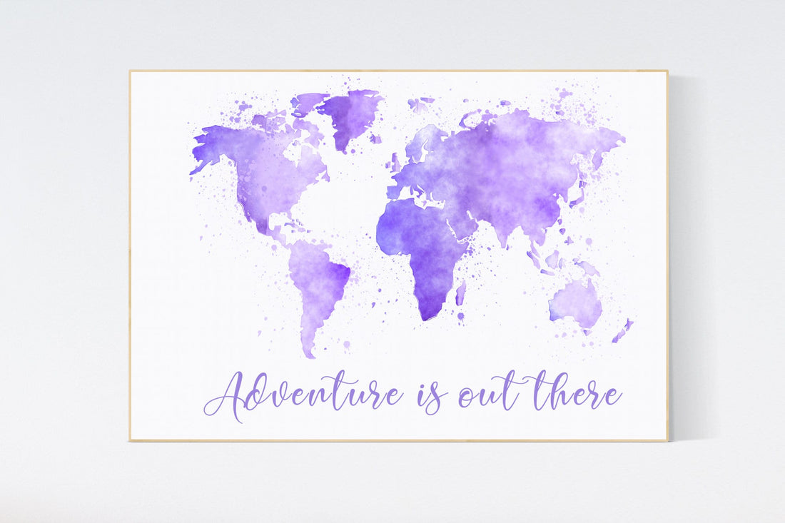 Purple World map watercolor, Oh the places you will go nursery, world map nursery print, nursery art print, lilac, lavender, world map