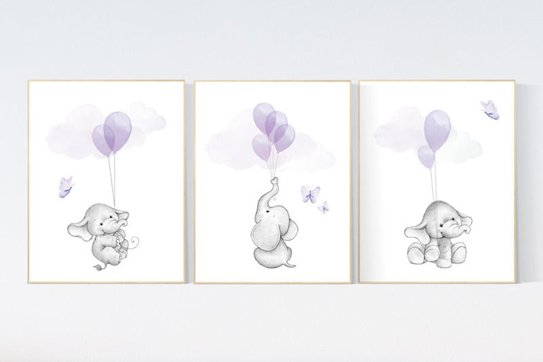 CANVAS LISTING: nursery decor girl purple, elephant nursery, lavender and gray, lilac, elephant balloons, butterflies