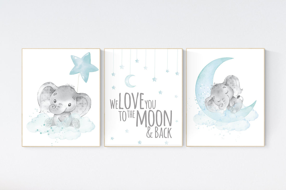 We love you to the moon and back, Elephant nursery art, elephant nursery print, aqua nursery decor, gender neutral, moon and stars