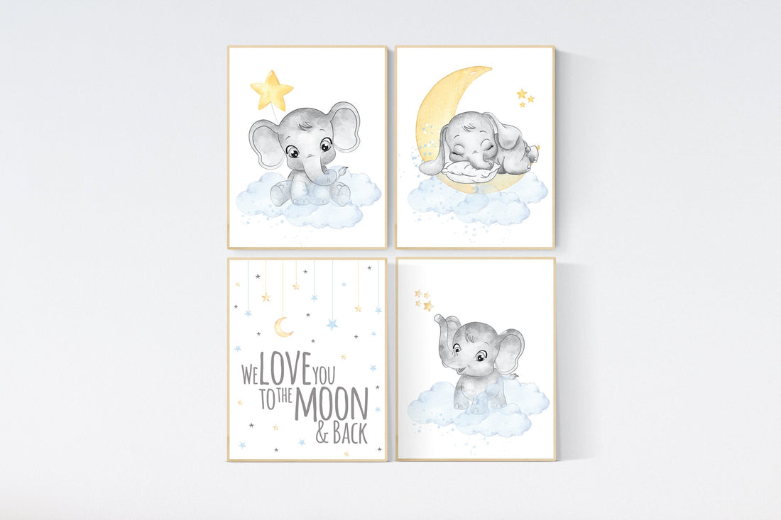 Nursery decor gender neutral, elephant prints, nursery wall art, gender neutral, blue yellow, we love you to the moon and back, wall decor