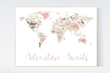 Floral World Map, Girl Nursery Decor, Travel Nursery Art, floral Nursery Print, blush nursery, Nursery baby girl room, Adventure Awaits