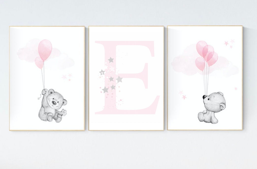 Nursery decor girl, nursery decor bear, bear nursery print, teddy bear, pink grey nursery, nursery wall art animals, girl room decor